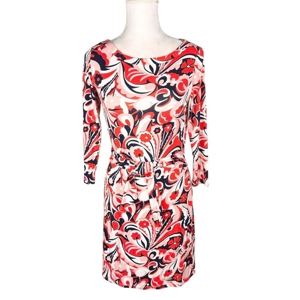 Boden mini dress tunic t-shirt dress navy blue orangey-red pink print tie belt 6